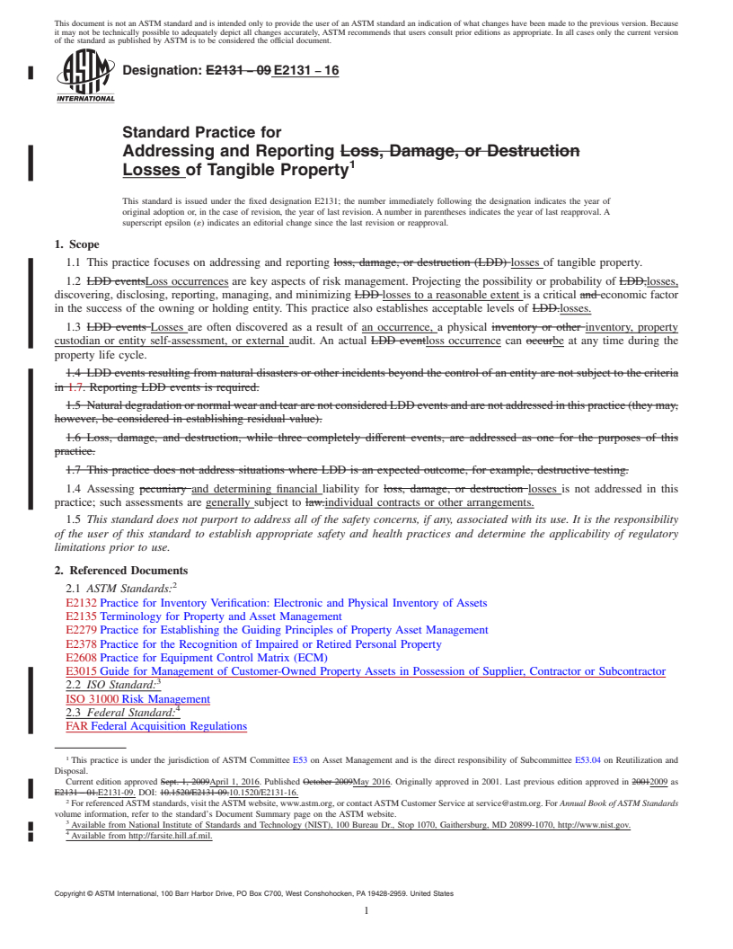 REDLINE ASTM E2131-16 - Standard Practice for Addressing and Reporting Losses of Tangible Property