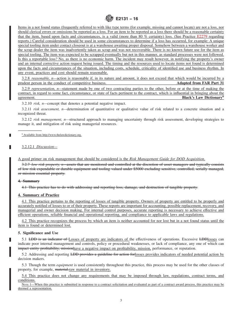 REDLINE ASTM E2131-16 - Standard Practice for Addressing and Reporting Losses of Tangible Property