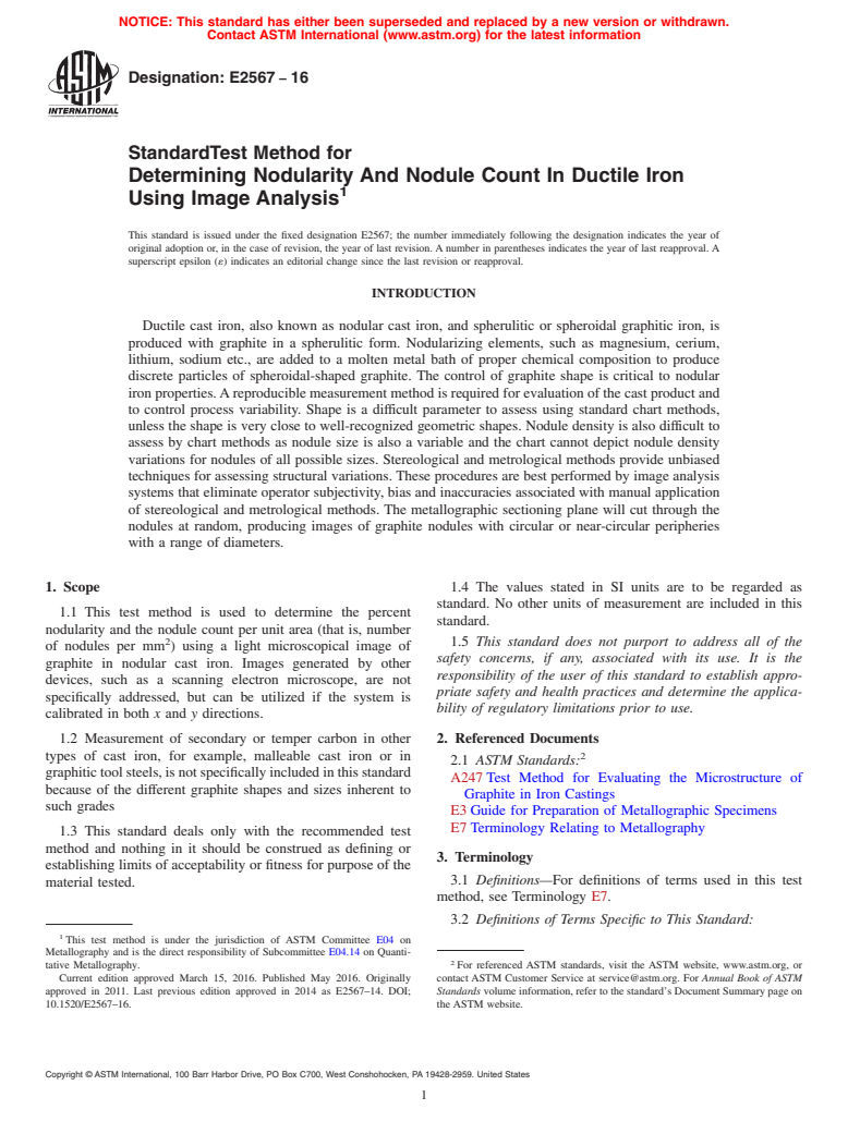 ASTM E2567-16 - Standard Test Method for  Determining Nodularity And Nodule Count In Ductile Iron Using  Image Analysis