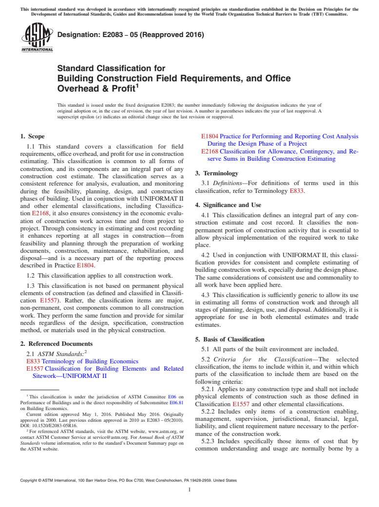 ASTM E2083-05(2016) - Standard Classification for Building Construction Field Requirements, and Office Overhead  &amp; Profit