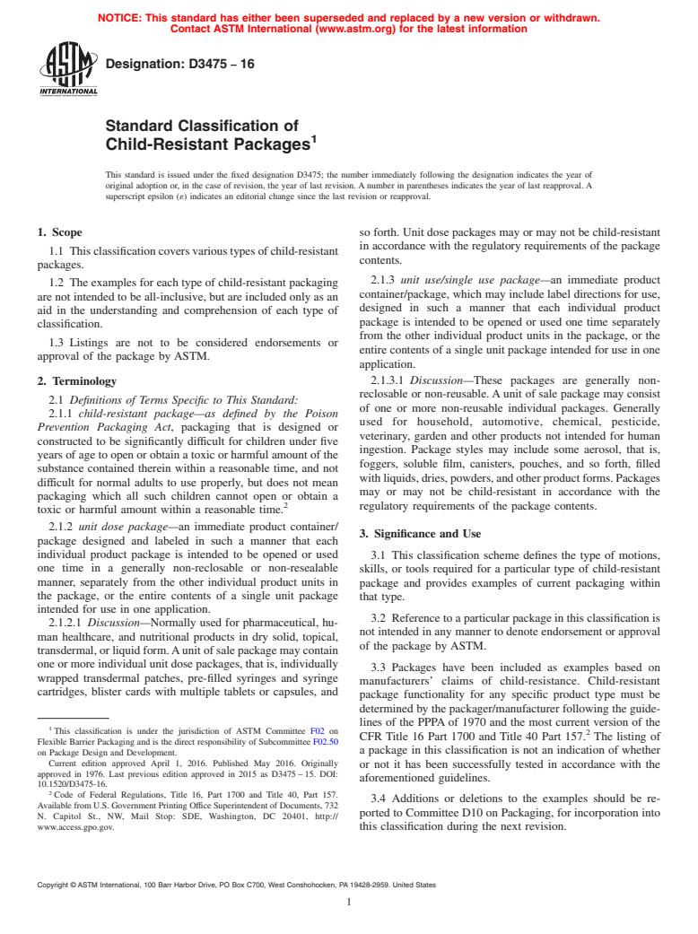 ASTM D3475-16 - Standard Classification of  Child-Resistant Packages