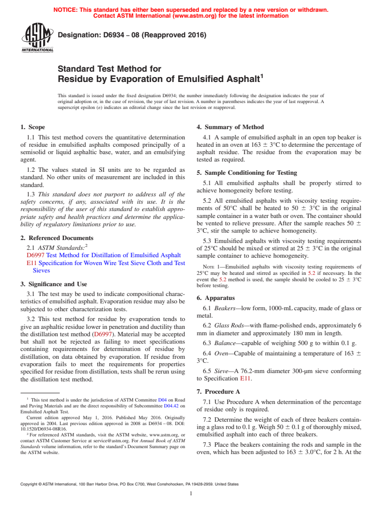 ASTM D6934-08(2016) - Standard Test Method for  Residue by Evaporation of Emulsified Asphalt