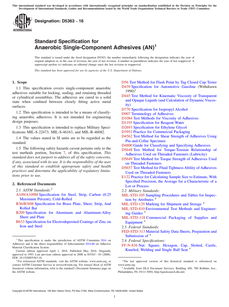 ASTM D5363-16 - Standard Specification for Anaerobic Single-Component Adhesives (AN)