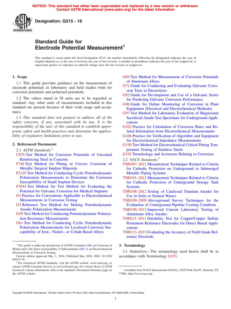 ASTM G215-16 - Standard Guide for Electrode Potential Measurement