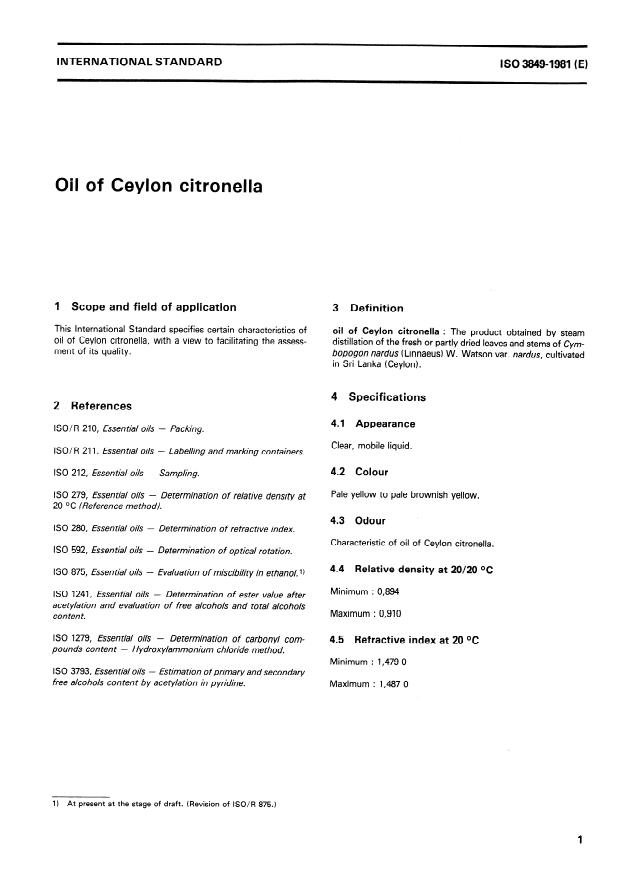 ISO 3849:1981 - Oil of Ceylon citronella