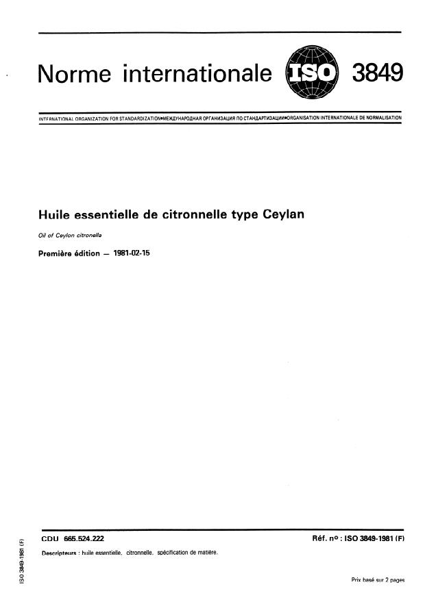 ISO 3849:1981 - Huile essentielle de citronnelle type Ceylan