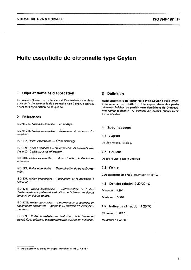 ISO 3849:1981 - Huile essentielle de citronnelle type Ceylan