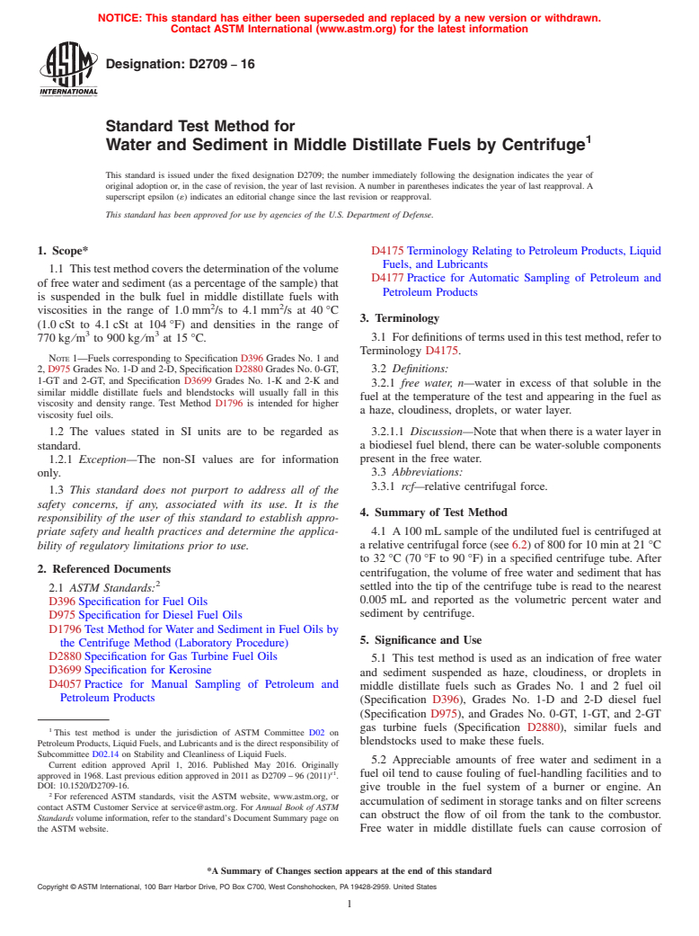 ASTM D2709-16 - Standard Test Method for  Water and Sediment in Middle Distillate Fuels by Centrifuge