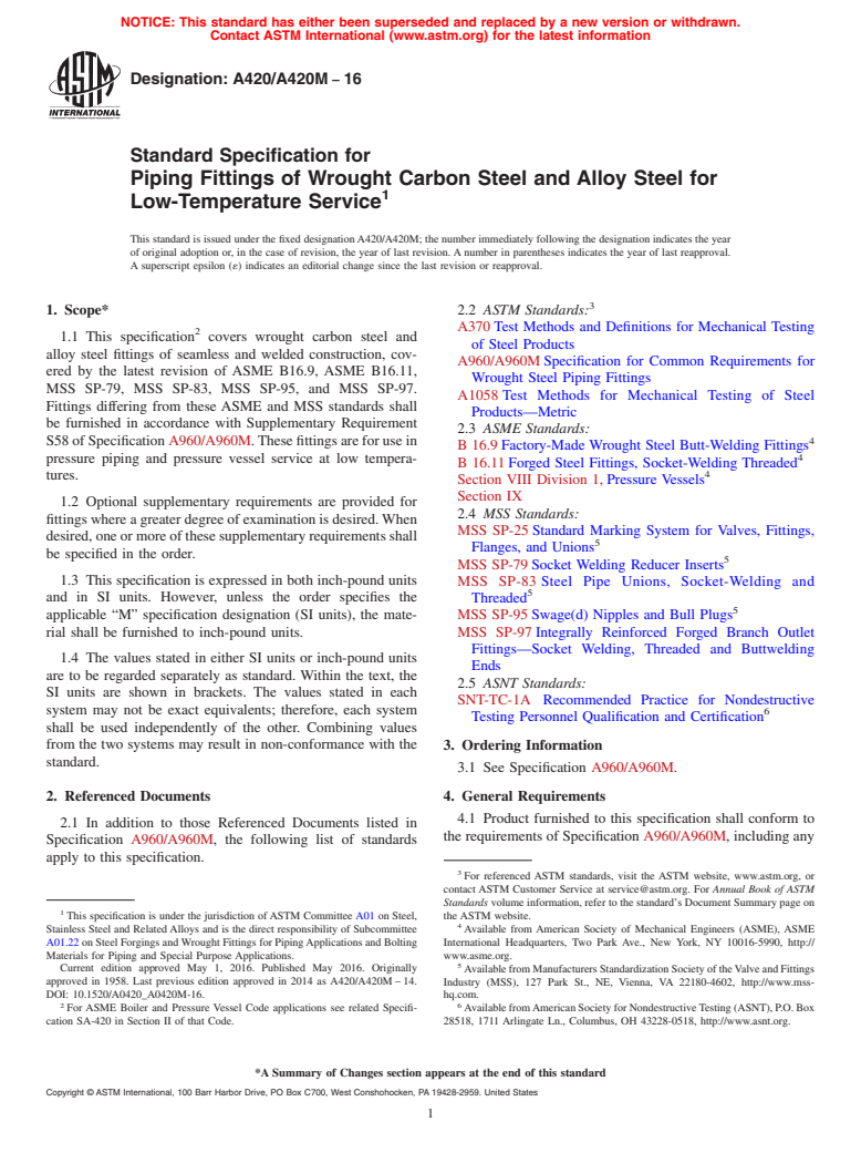 ASTM A420/A420M-16 - Standard Specification for  Piping Fittings of Wrought Carbon Steel and Alloy Steel for   Low-Temperature Service