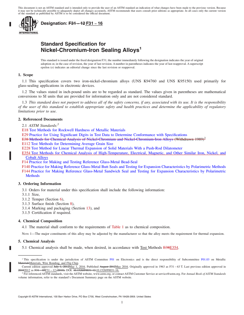 REDLINE ASTM F31-16 - Standard Specification for  Nickel-Chromium-Iron Sealing Alloys