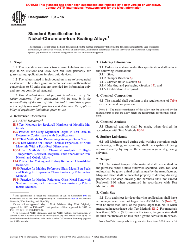 ASTM F31-16 - Standard Specification for  Nickel-Chromium-Iron Sealing Alloys