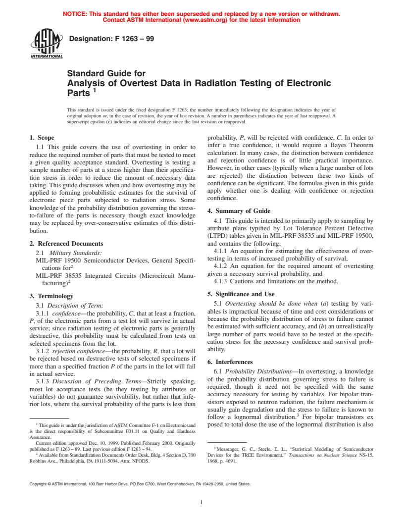 ASTM F1263-99 - Standard Guide for Analysis of Overtest Data in Radiation Testing of Electronic Parts