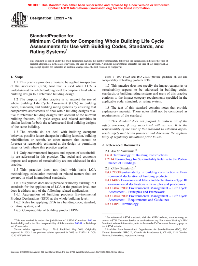 ASTM E2921-16 - Standard Practice for Minimum Criteria for Comparing Whole Building Life Cycle Assessments  for Use with Building Codes, Standards, and Rating Systems