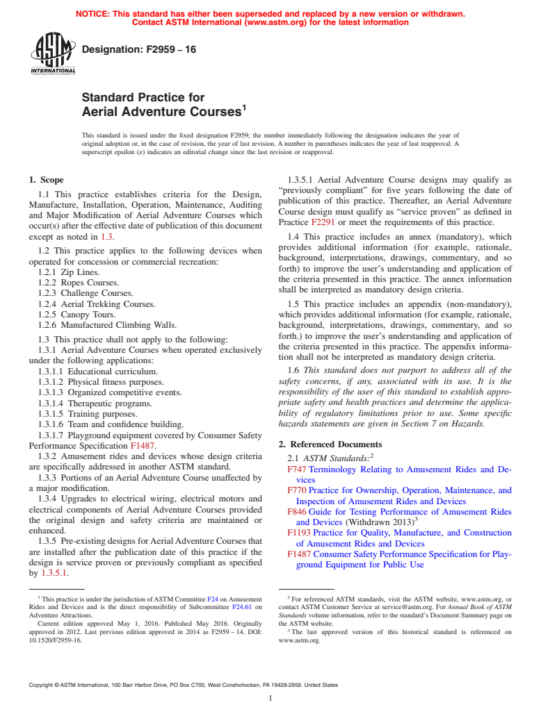 ASTM F2959-16 - Standard Practice for Aerial Adventure Courses