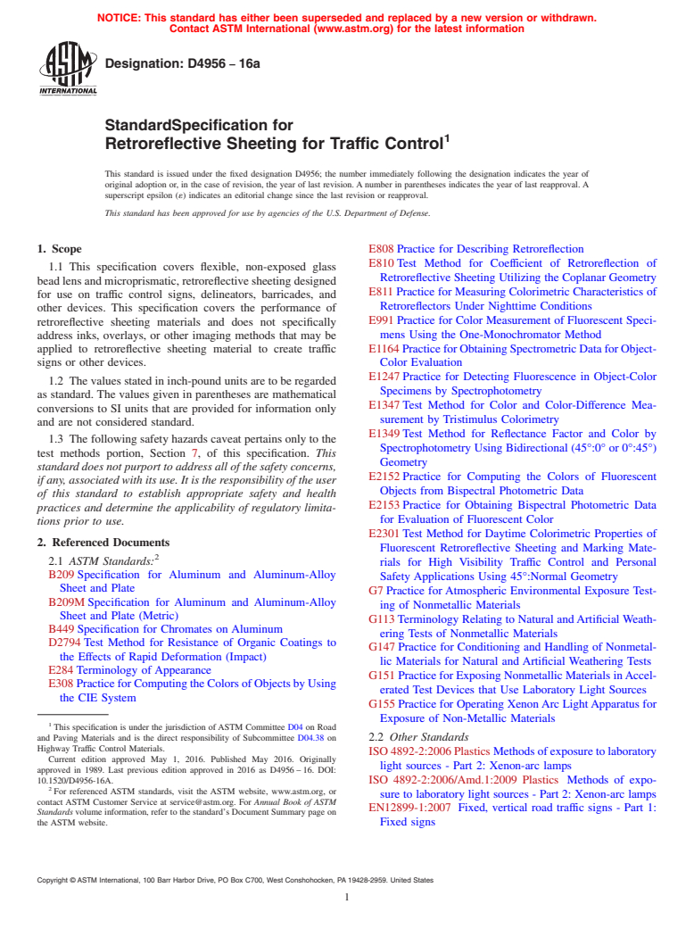 ASTM D4956-16a - Standard Specification for  Retroreflective Sheeting for Traffic Control