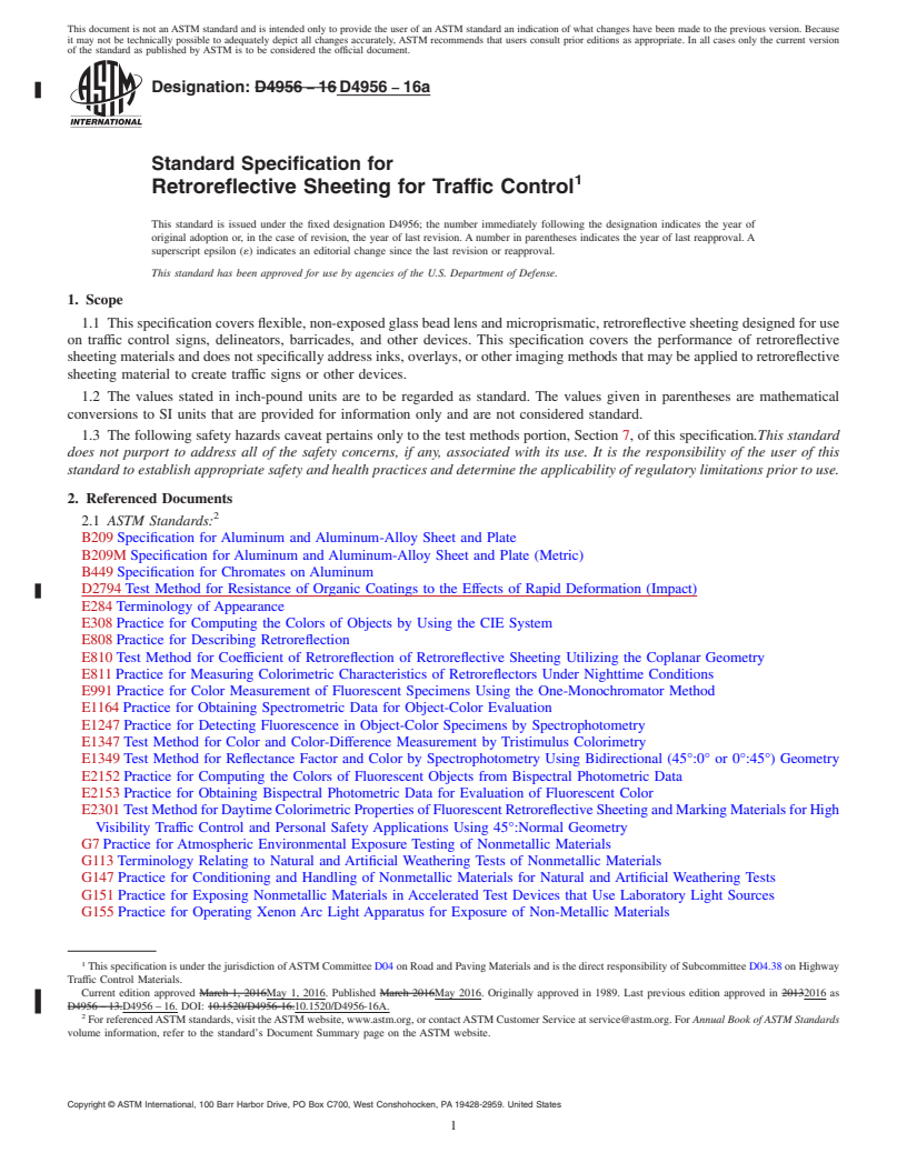 REDLINE ASTM D4956-16a - Standard Specification for  Retroreflective Sheeting for Traffic Control