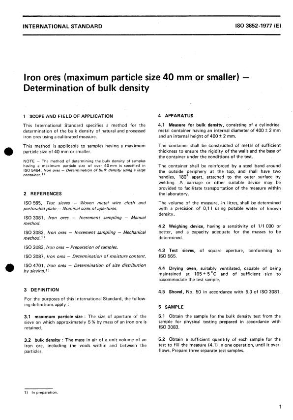 ISO 3852:1977 - Iron ores (maximum particle size 40 mm or smaller) -- Determination of bulk density
