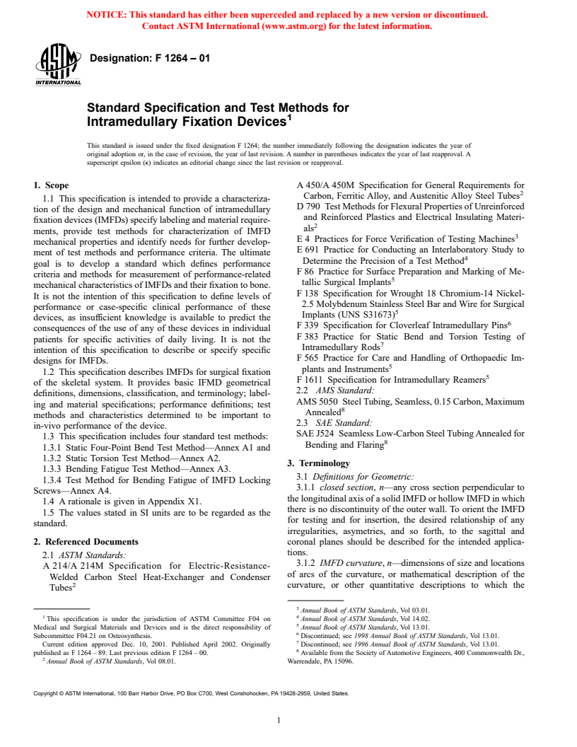 ASTM F1264-01 - Standard Specification and Test Methods for Intramedullary Fixation Devices