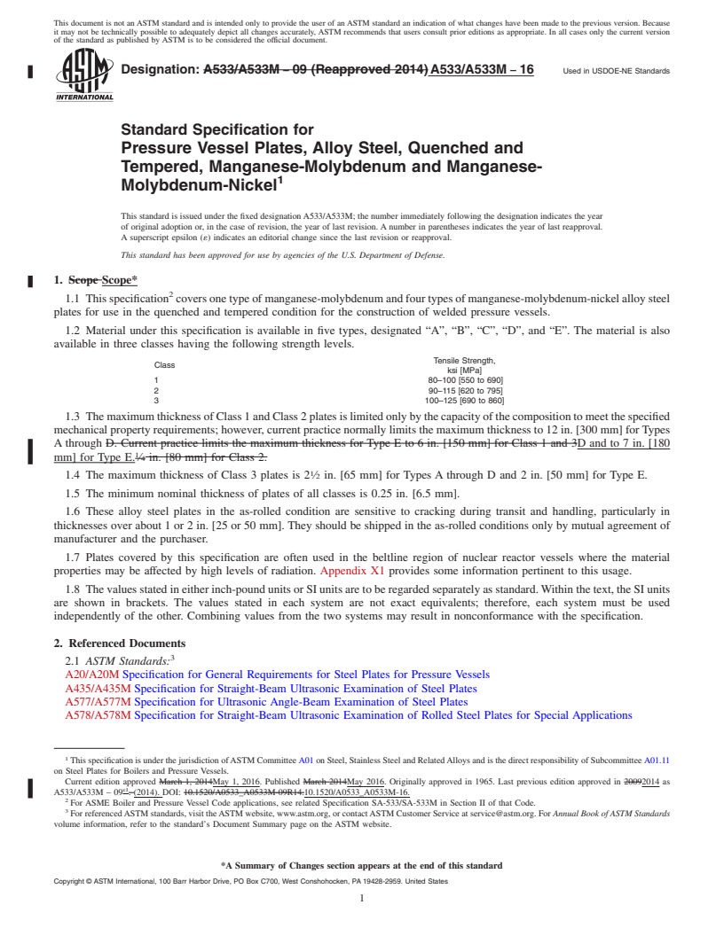 REDLINE ASTM A533/A533M-16 - Standard Specification for  Pressure Vessel Plates, Alloy Steel, Quenched and Tempered,  Manganese-Molybdenum and Manganese-Molybdenum-Nickel