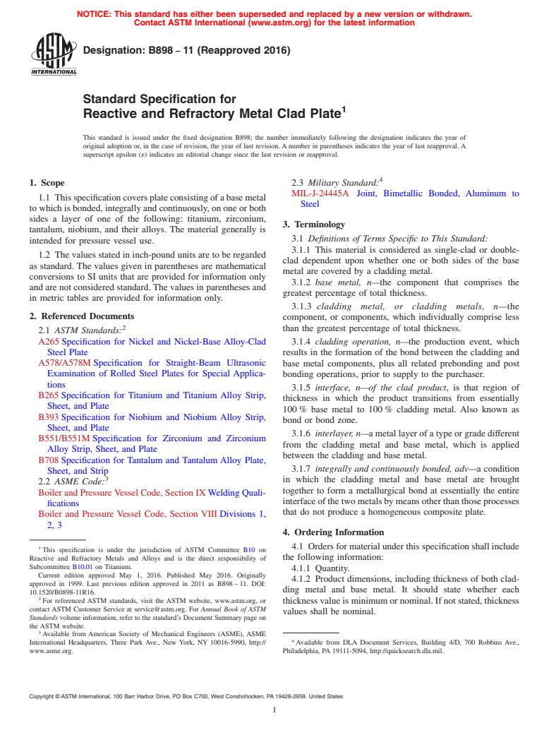 ASTM B898-11(2016) - Standard Specification for Reactive and Refractory Metal Clad Plate