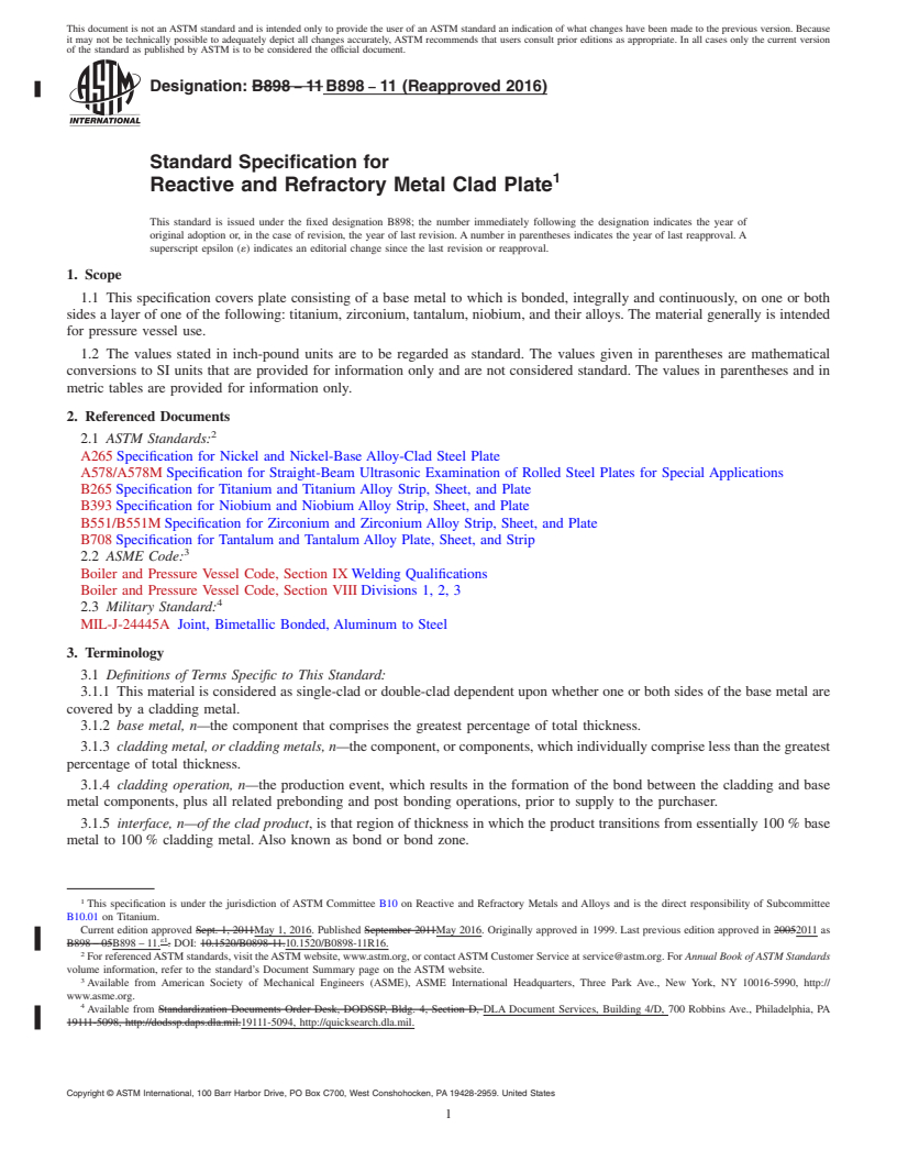 REDLINE ASTM B898-11(2016) - Standard Specification for Reactive and Refractory Metal Clad Plate