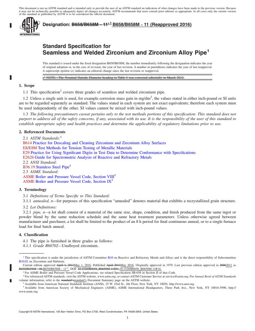 REDLINE ASTM B658/B658M-11(2016) - Standard Specification for Seamless and Welded Zirconium and Zirconium Alloy Pipe