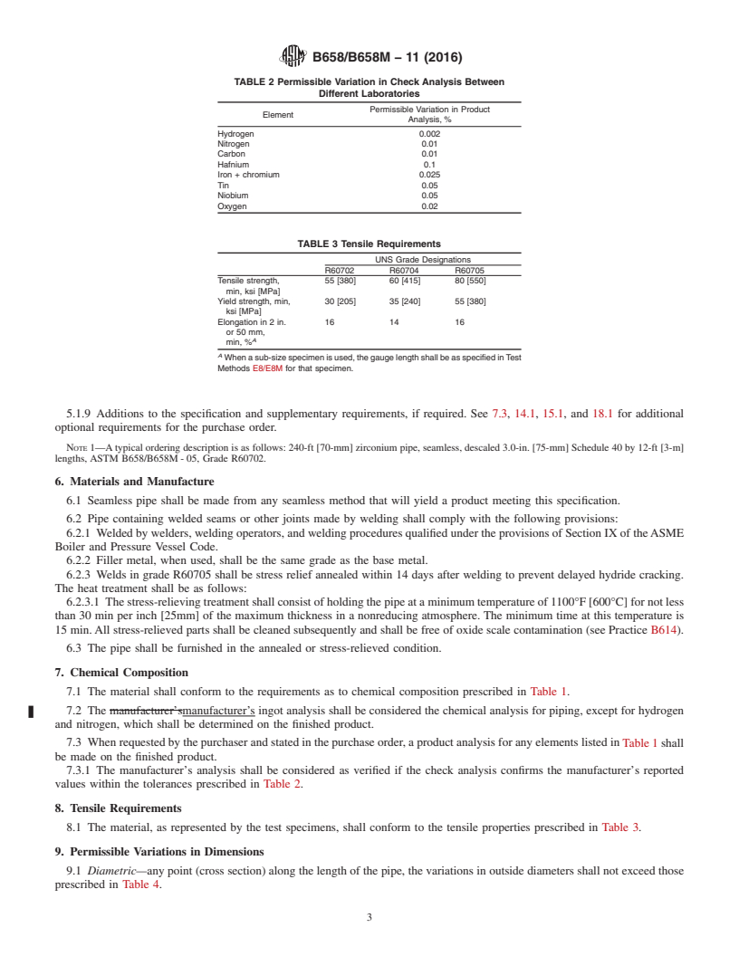 REDLINE ASTM B658/B658M-11(2016) - Standard Specification for Seamless and Welded Zirconium and Zirconium Alloy Pipe