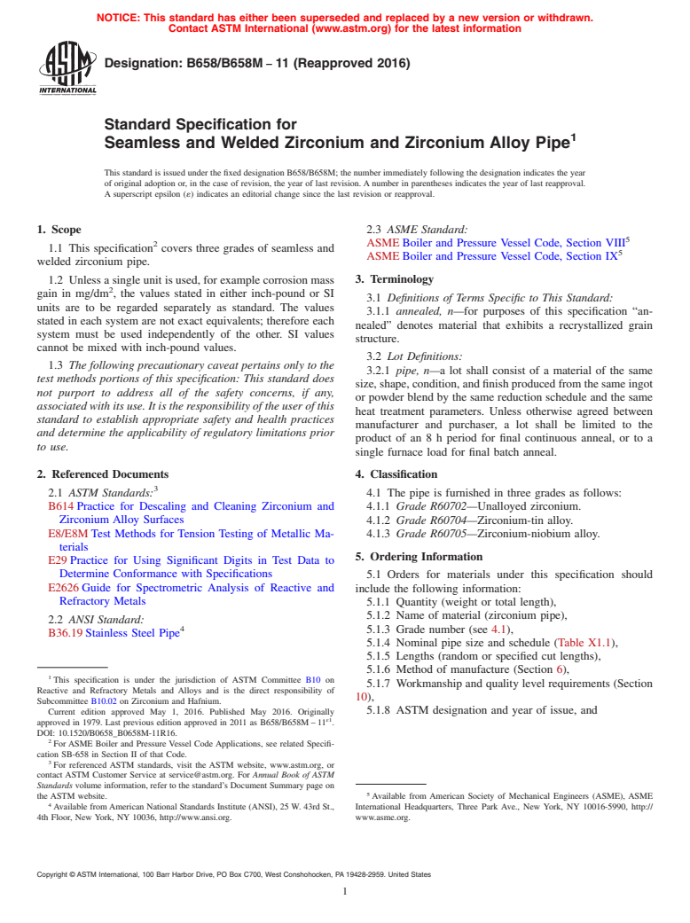 ASTM B658/B658M-11(2016) - Standard Specification for Seamless and Welded Zirconium and Zirconium Alloy Pipe