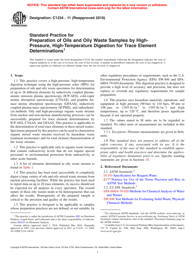 ASTM C1234-11(2016) - Standard Practice for  Preparation of Oils and Oily Waste Samples by High-Pressure,   High-Temperature Digestion for Trace Element Determinations