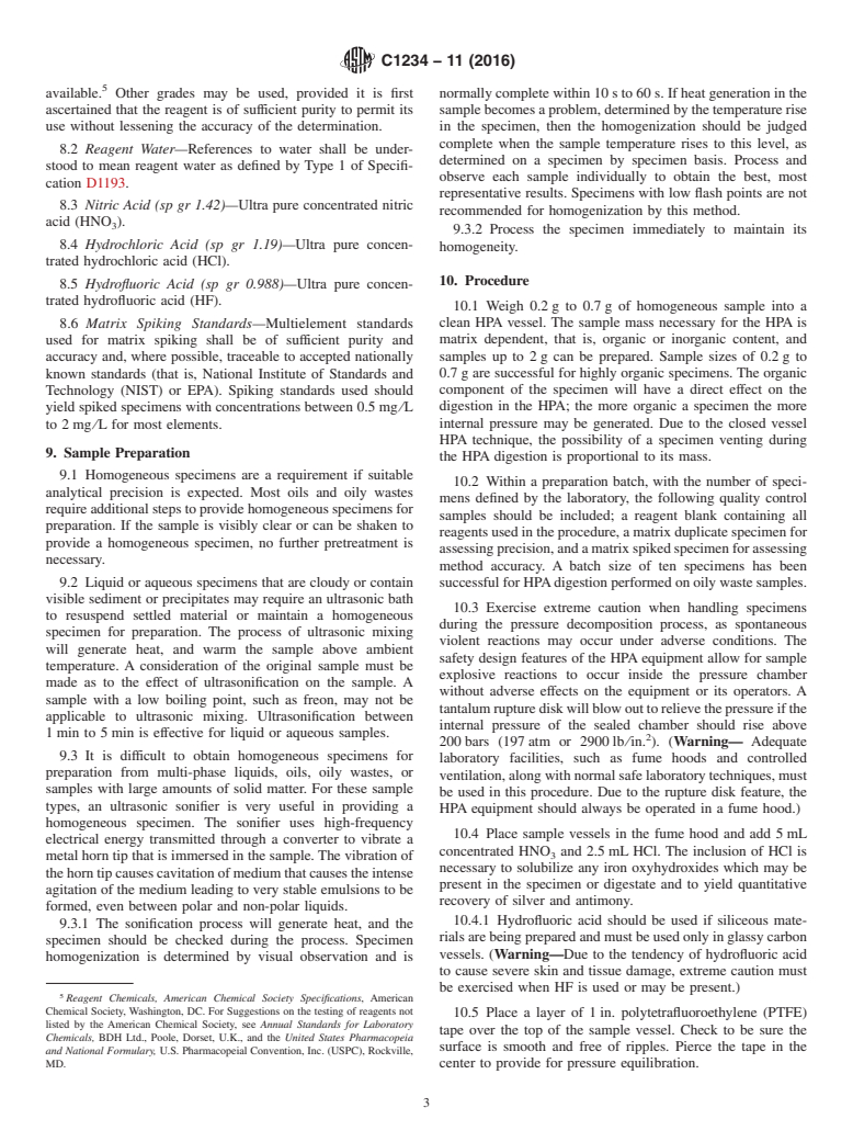 ASTM C1234-11(2016) - Standard Practice for  Preparation of Oils and Oily Waste Samples by High-Pressure,   High-Temperature Digestion for Trace Element Determinations