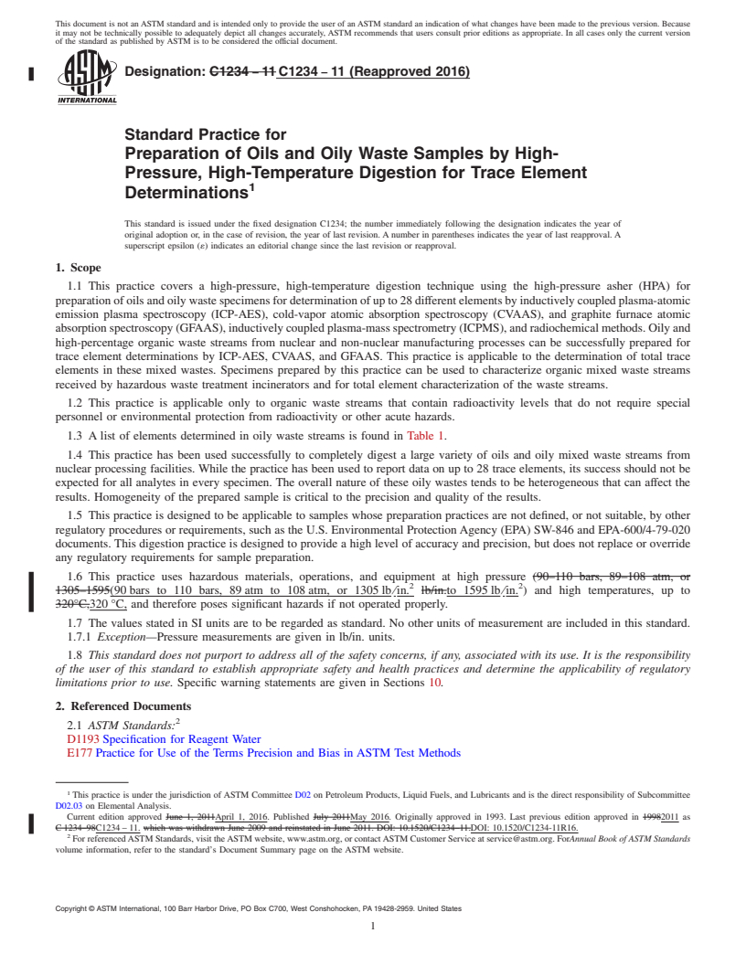 REDLINE ASTM C1234-11(2016) - Standard Practice for  Preparation of Oils and Oily Waste Samples by High-Pressure,   High-Temperature Digestion for Trace Element Determinations