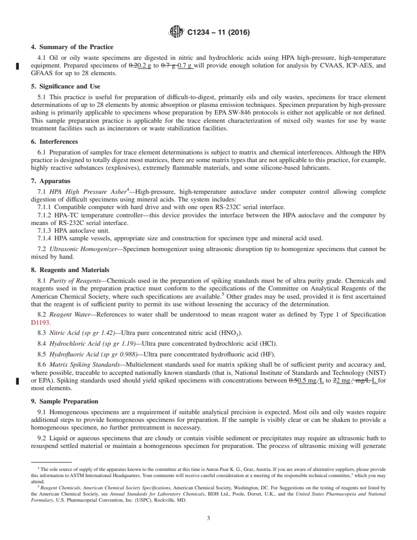 REDLINE ASTM C1234-11(2016) - Standard Practice for  Preparation of Oils and Oily Waste Samples by High-Pressure,   High-Temperature Digestion for Trace Element Determinations