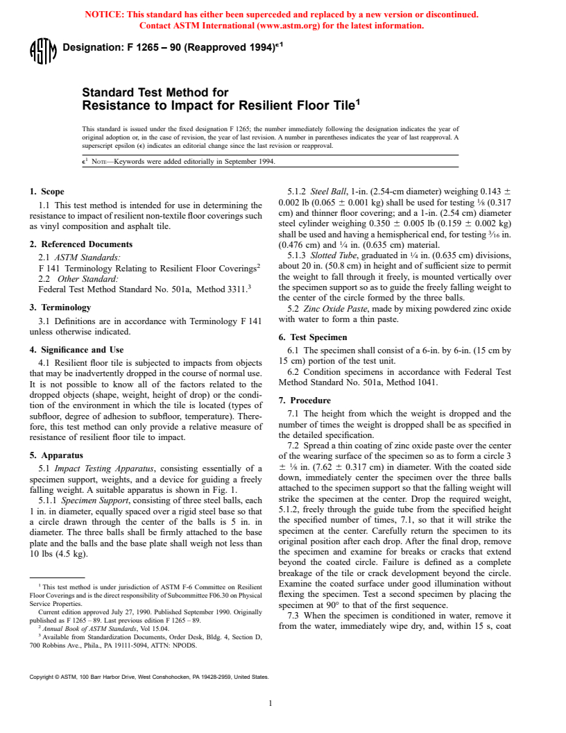 ASTM F1265-90(1994)e1 - Standard Test Method for Resistance to Impact for Resilient Floor Tile