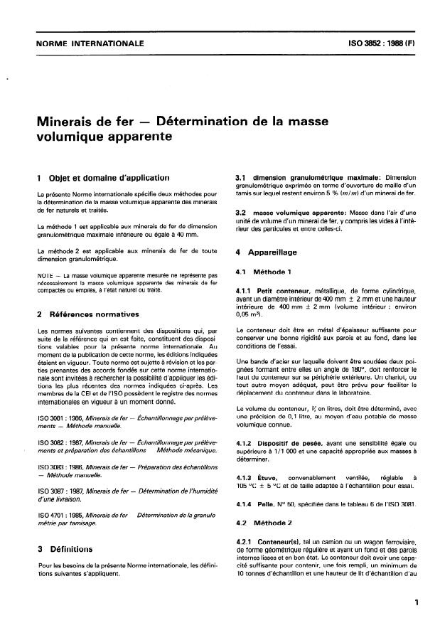 ISO 3852:1988 - Minerais de fer -- Détermination de la masse volumique apparente