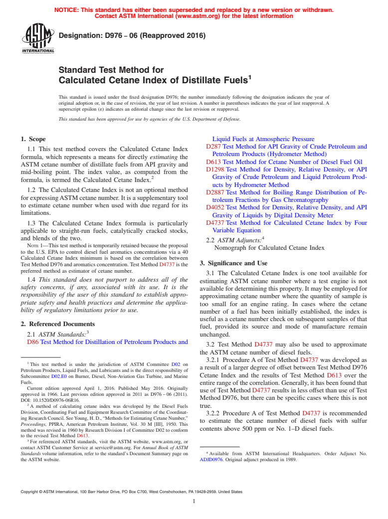 ASTM D976-06(2016) - Standard Test Method for  Calculated Cetane Index of Distillate Fuels