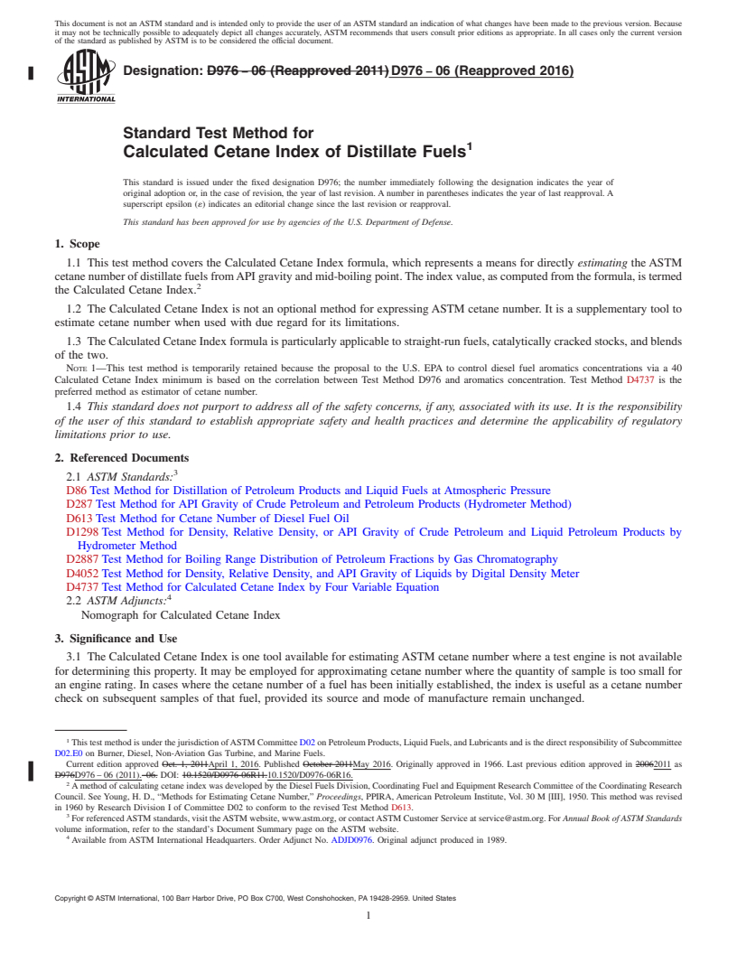 REDLINE ASTM D976-06(2016) - Standard Test Method for  Calculated Cetane Index of Distillate Fuels