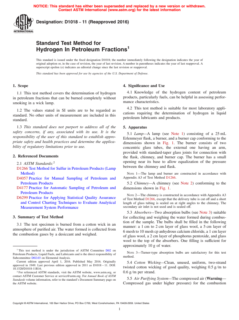 ASTM D1018-11(2016) - Standard Test Method for  Hydrogen In Petroleum Fractions (Withdrawn 2021)