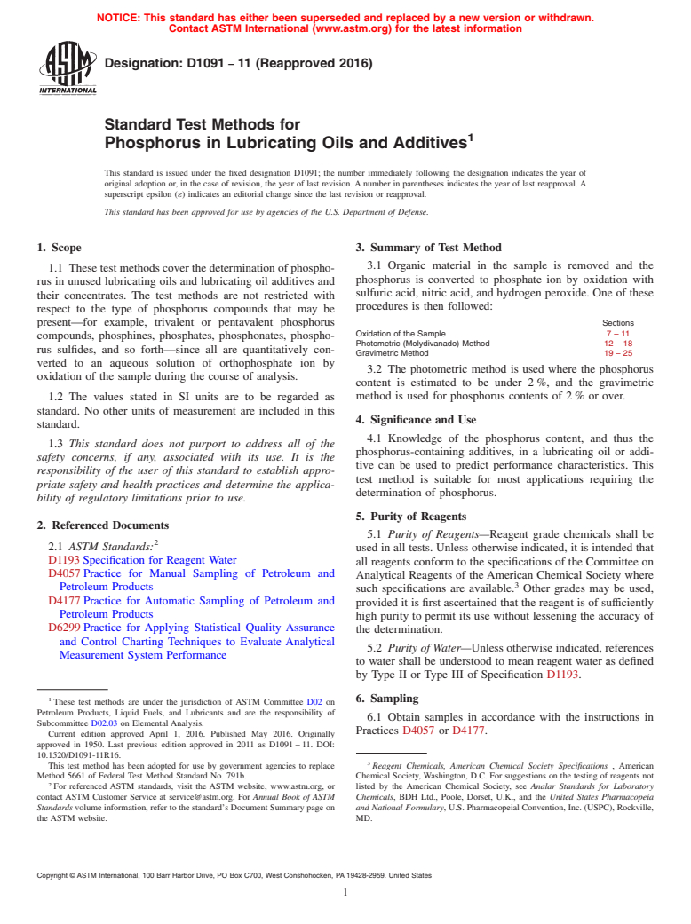 ASTM D1091-11(2016) - Standard Test Methods for  Phosphorus in Lubricating Oils and Additives (Withdrawn 2021)