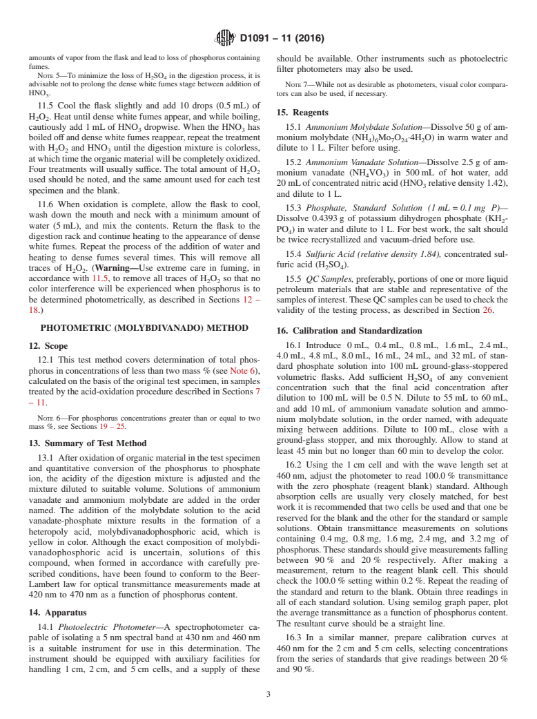 ASTM D1091-11(2016) - Standard Test Methods for  Phosphorus in Lubricating Oils and Additives (Withdrawn 2021)