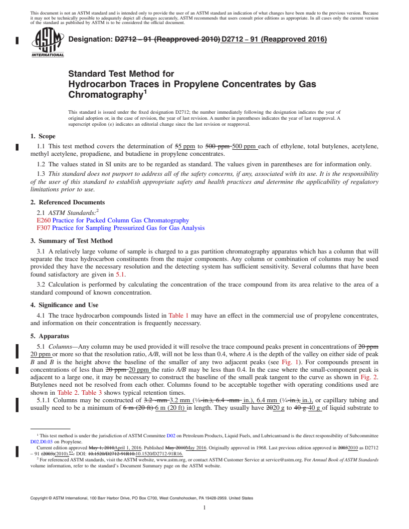 REDLINE ASTM D2712-91(2016) - Standard Test Method for  Hydrocarbon Traces in Propylene Concentrates by Gas Chromatography