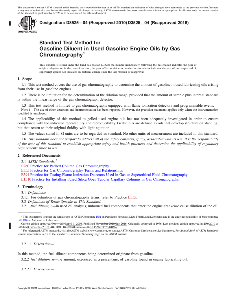 REDLINE ASTM D3525-04(2016) - Standard Test Method for  Gasoline Diluent in Used Gasoline Engine Oils by Gas Chromatography