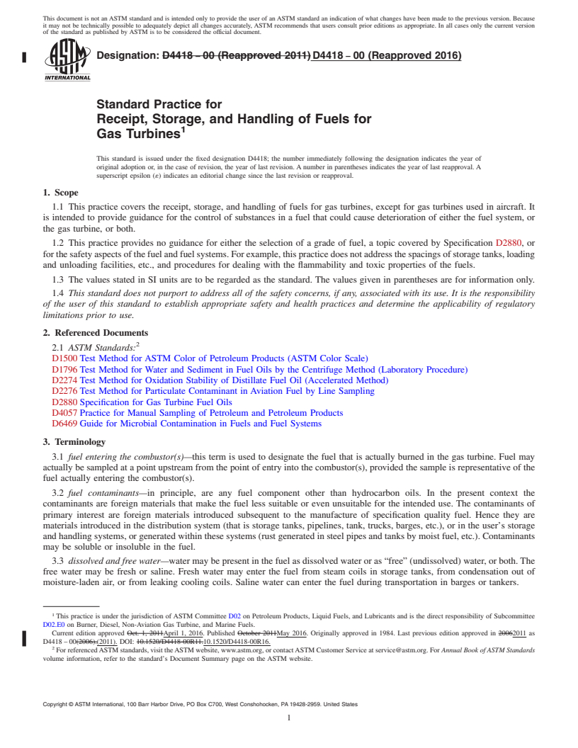 REDLINE ASTM D4418-00(2016) - Standard Practice for  Receipt, Storage, and Handling of Fuels for Gas Turbines