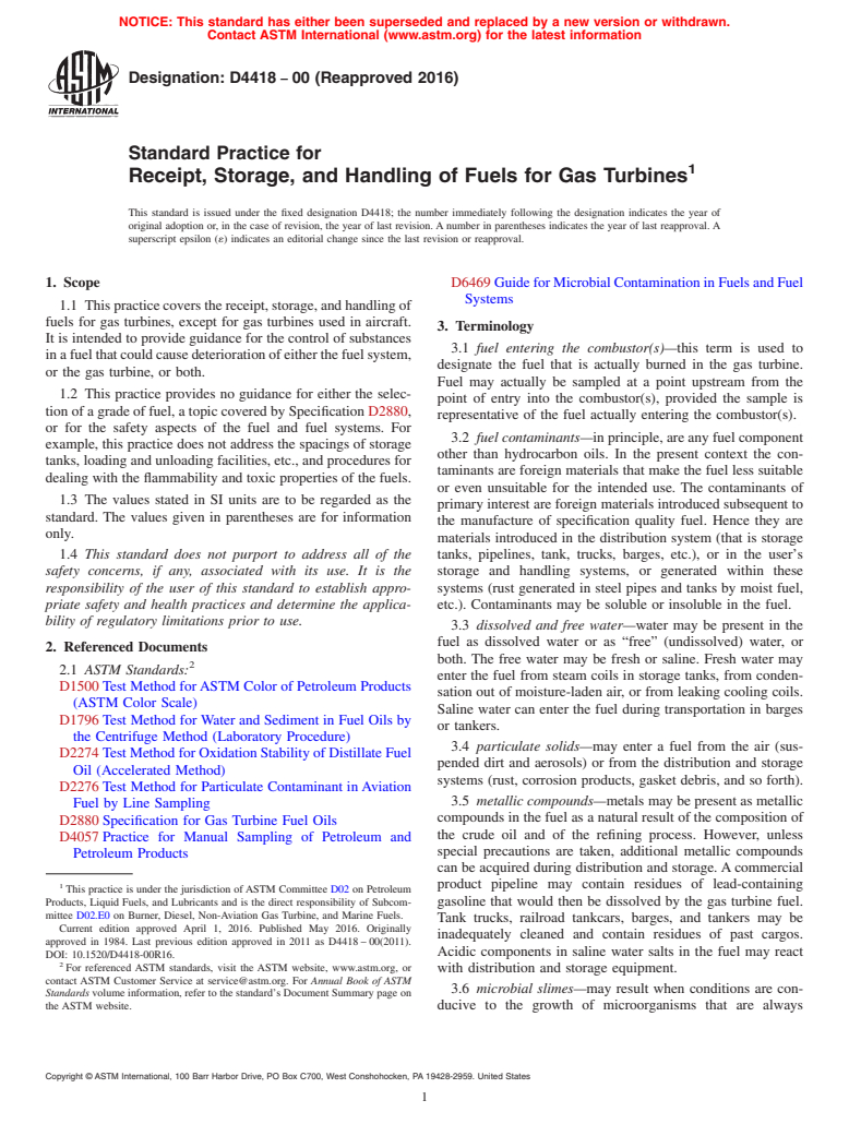 ASTM D4418-00(2016) - Standard Practice for  Receipt, Storage, and Handling of Fuels for Gas Turbines