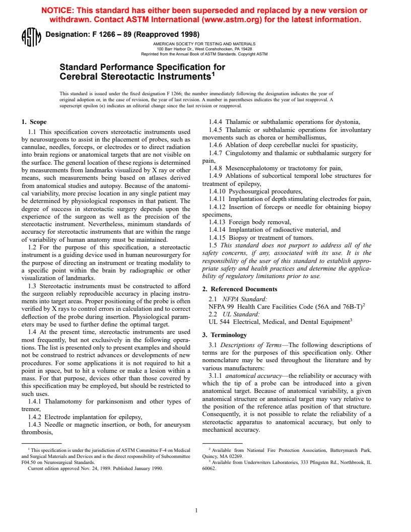 ASTM F1266-89(1998) - Standard Performance Specification for Cerebral Stereotactic Instruments