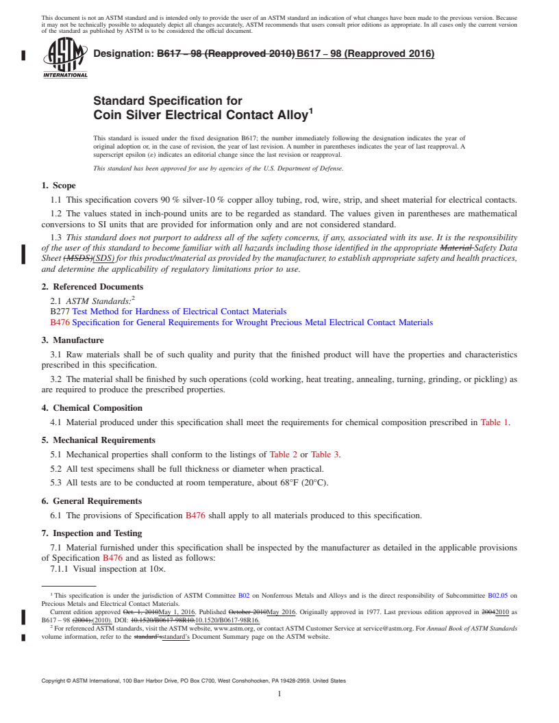 REDLINE ASTM B617-98(2016) - Standard Specification for Coin Silver Electrical Contact Alloy