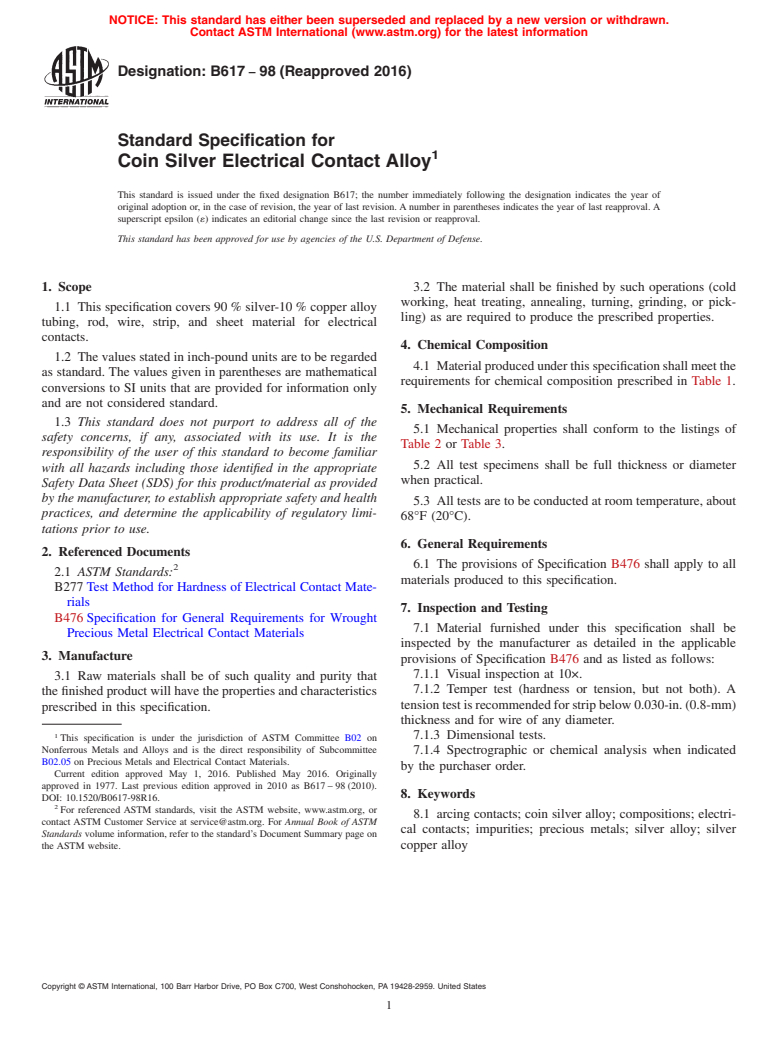 ASTM B617-98(2016) - Standard Specification for Coin Silver Electrical Contact Alloy