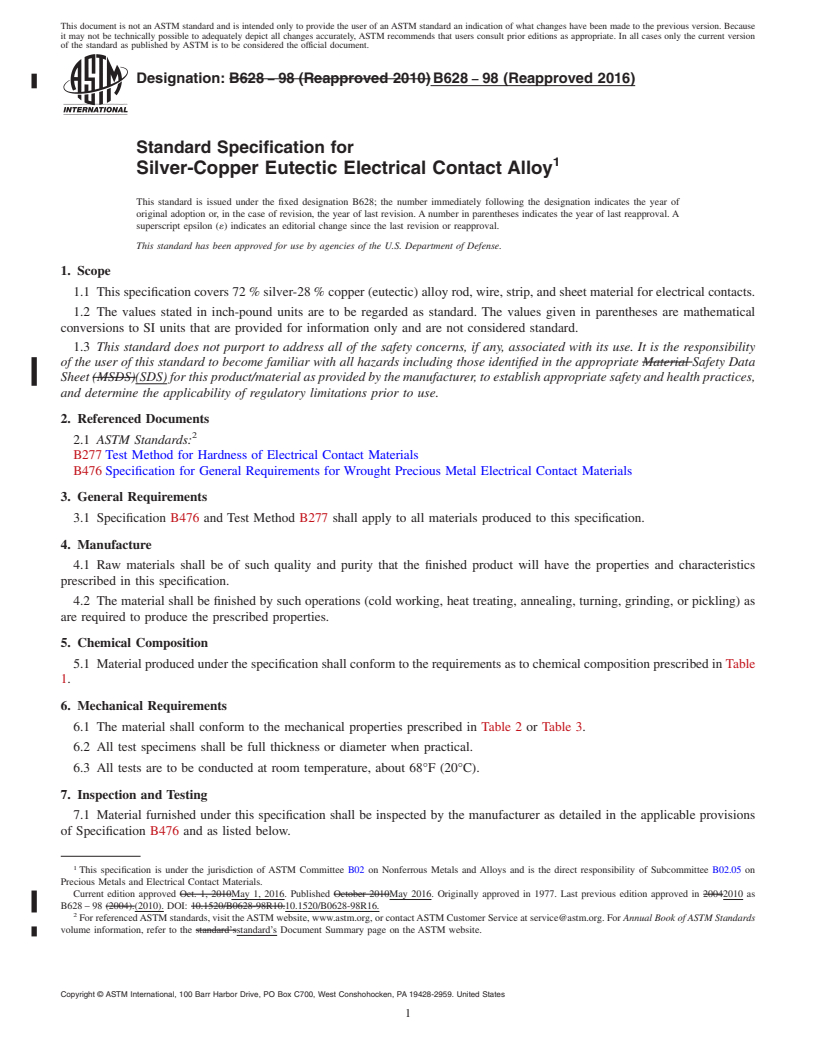 REDLINE ASTM B628-98(2016) - Standard Specification for Silver-Copper Eutectic Electrical Contact Alloy