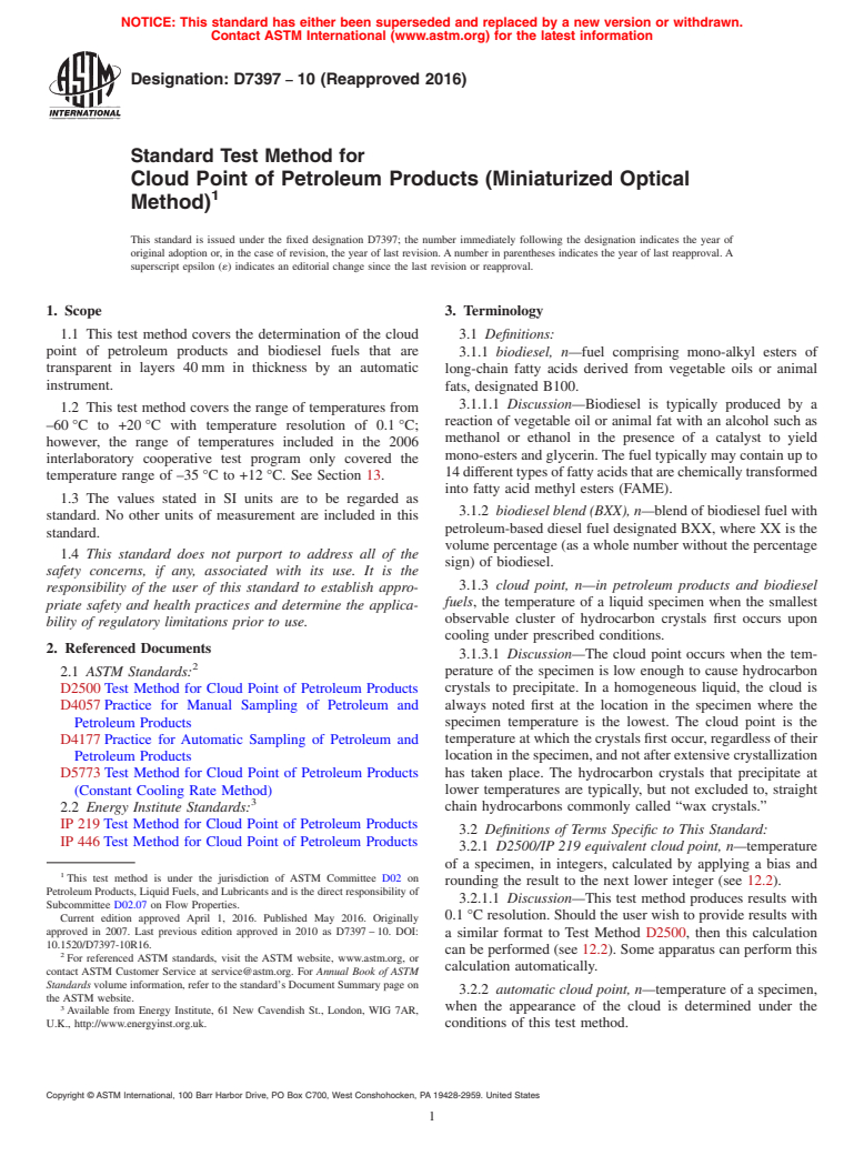 ASTM D7397-10(2016) - Standard Test Method for  Cloud Point of Petroleum Products (Miniaturized Optical Method)