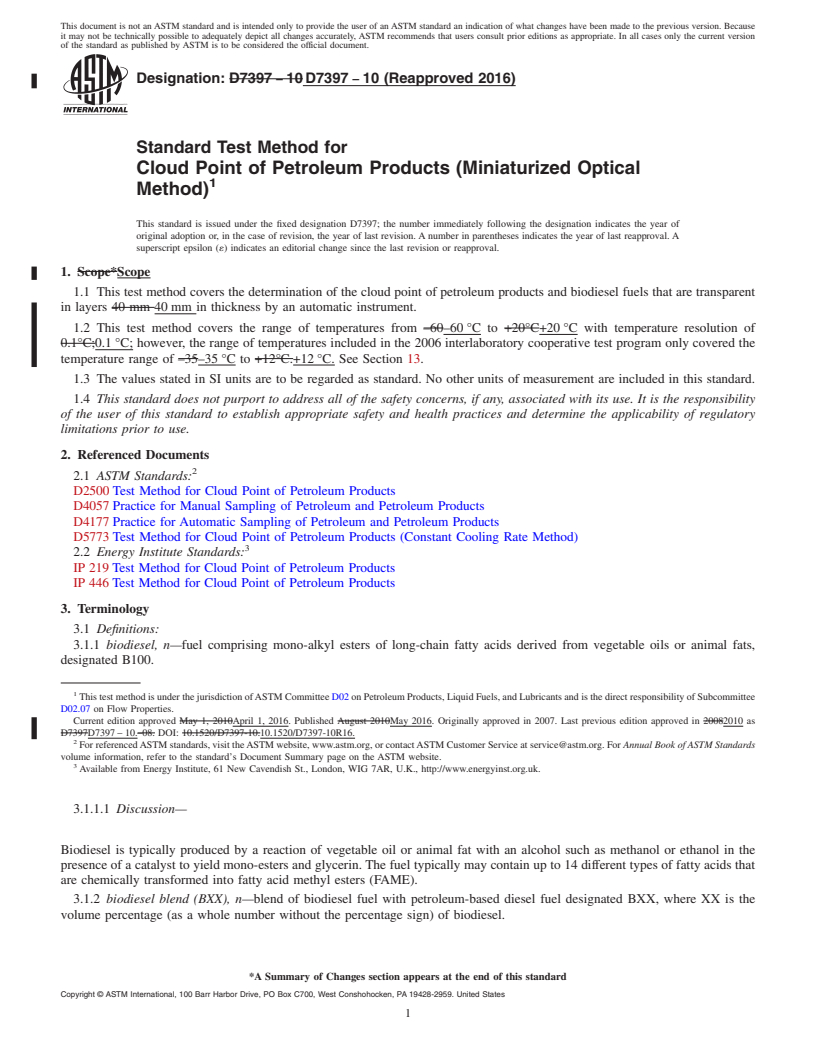 REDLINE ASTM D7397-10(2016) - Standard Test Method for  Cloud Point of Petroleum Products (Miniaturized Optical Method)