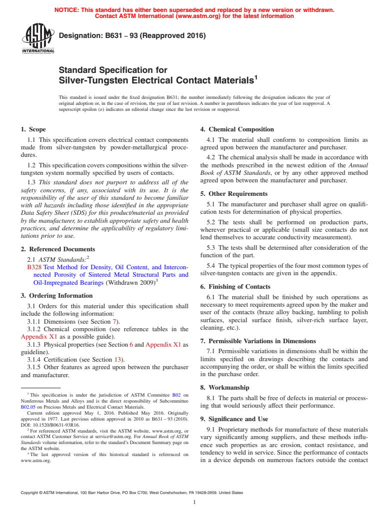 ASTM B631-93(2016) - Standard Specification for Silver-Tungsten Electrical Contact Materials